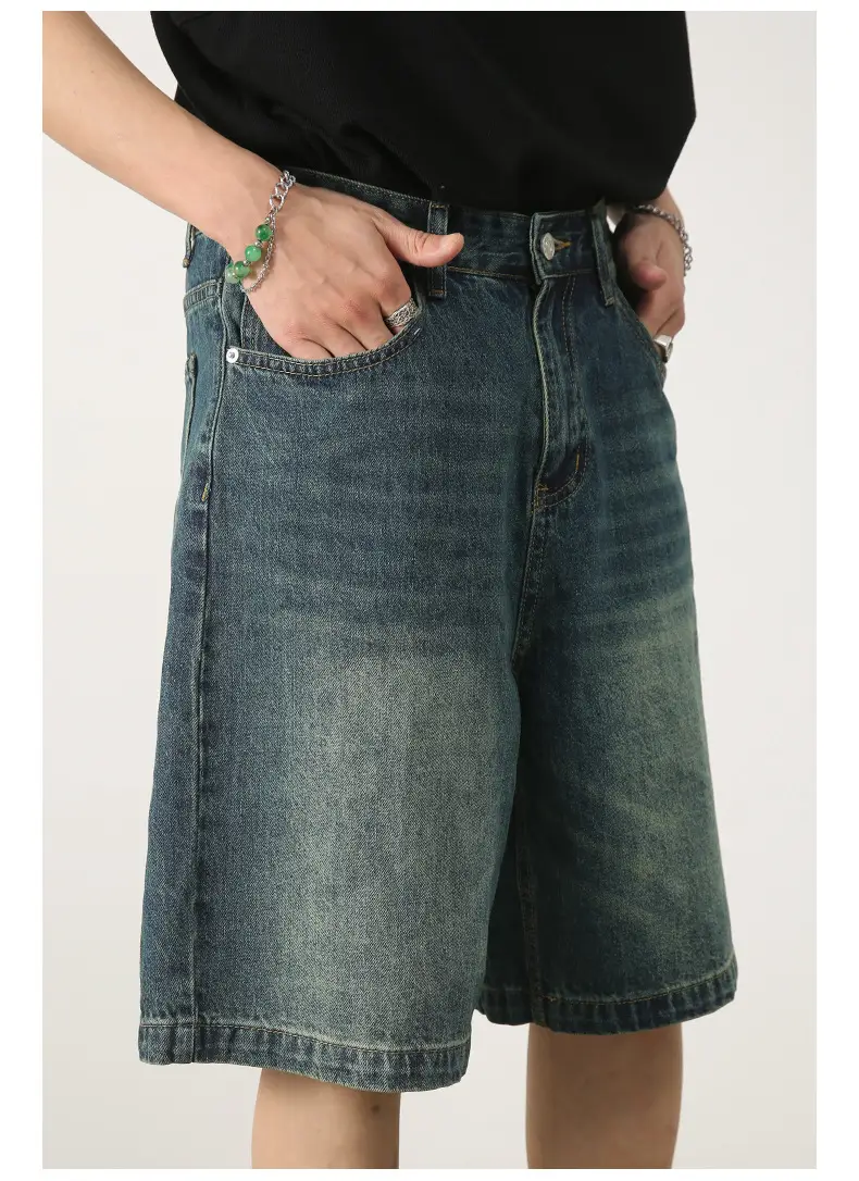 Men Denim Shorts Blue Distressed 5 Point Loose — feature 9