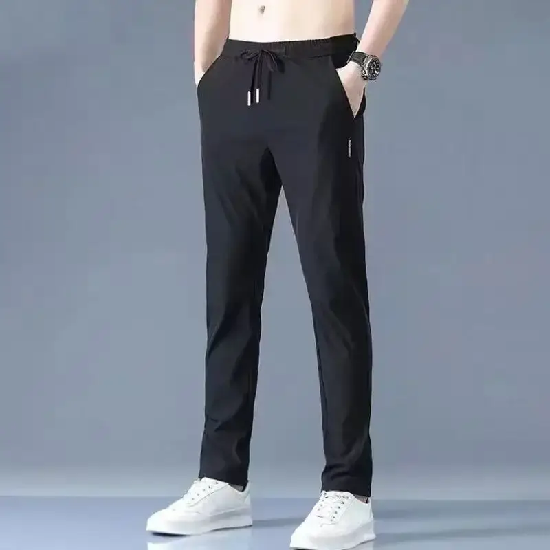 Men's Black Ice Silk Straight Leg Pants Summer