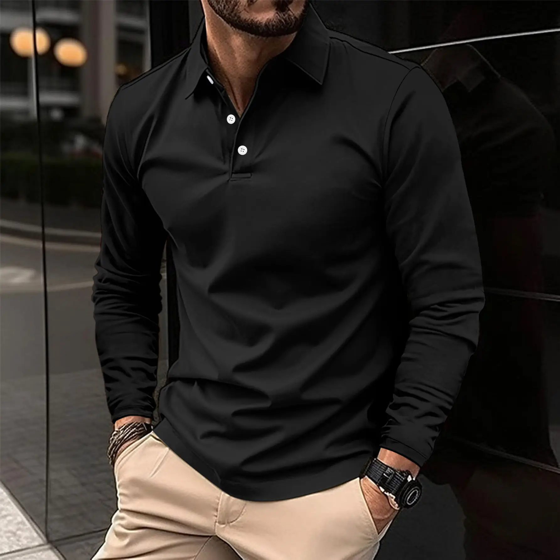 Men's Black Long Sleeve Polo Shirt 2026 Spring Autumn - Image 12