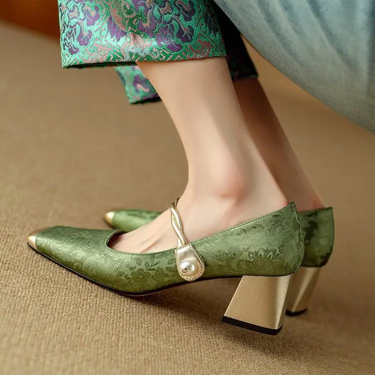 Spring New Chinese Style French Style Light Luxury Embossed Silk Mid-heel Shoes Women's Color Matching Square Toe Single-layer Shoes with Thick Heel - Image 7