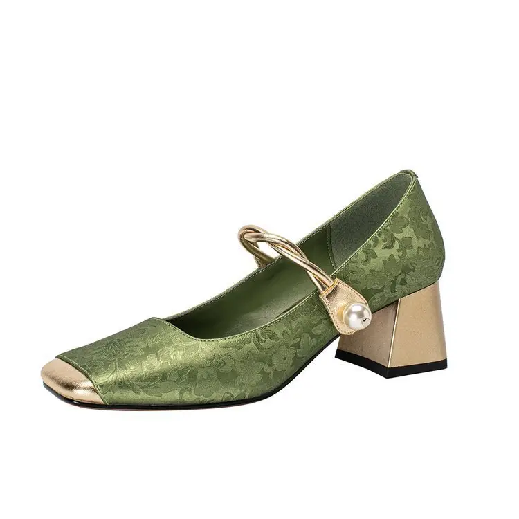 Spring New Chinese Style French Style Light Luxury Embossed Silk Mid-heel Shoes Women's Color Matching Square Toe Single-layer Shoes with Thick Heel - Image 8