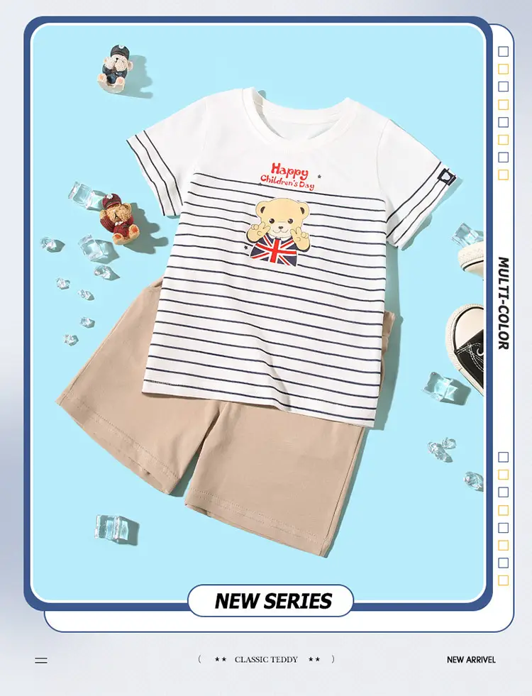 Classic Teddy Short Sleeve Boys Cotton Shorts Set — feature 2