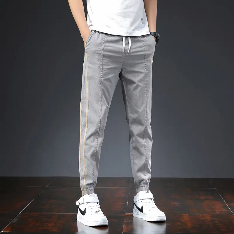Men's Grey Ice Silk Slim Fit Pants with Sneakers