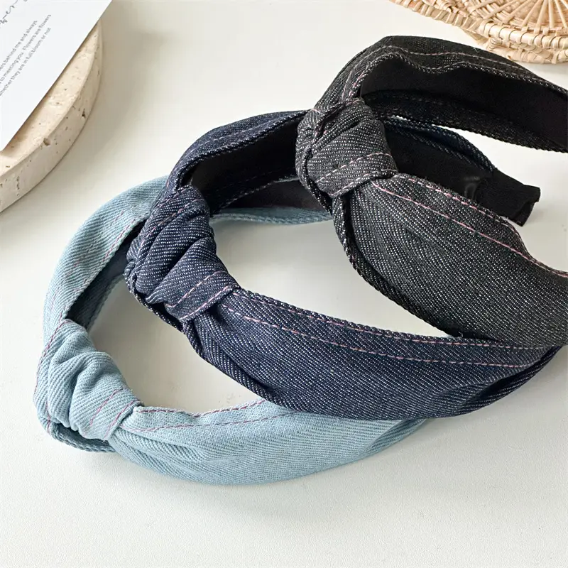 Women's Three-State Denim Knot Hair Hoop Wide High Cranial Top - Image 3