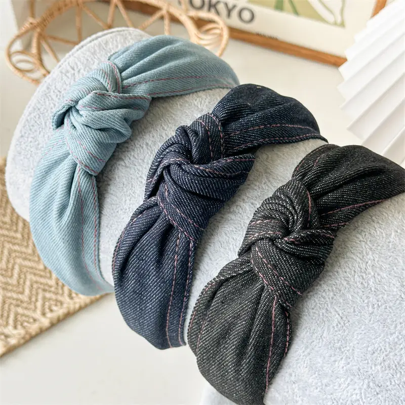 Women's Three-State Denim Knot Hair Hoop Wide High Cranial Top - Image 4