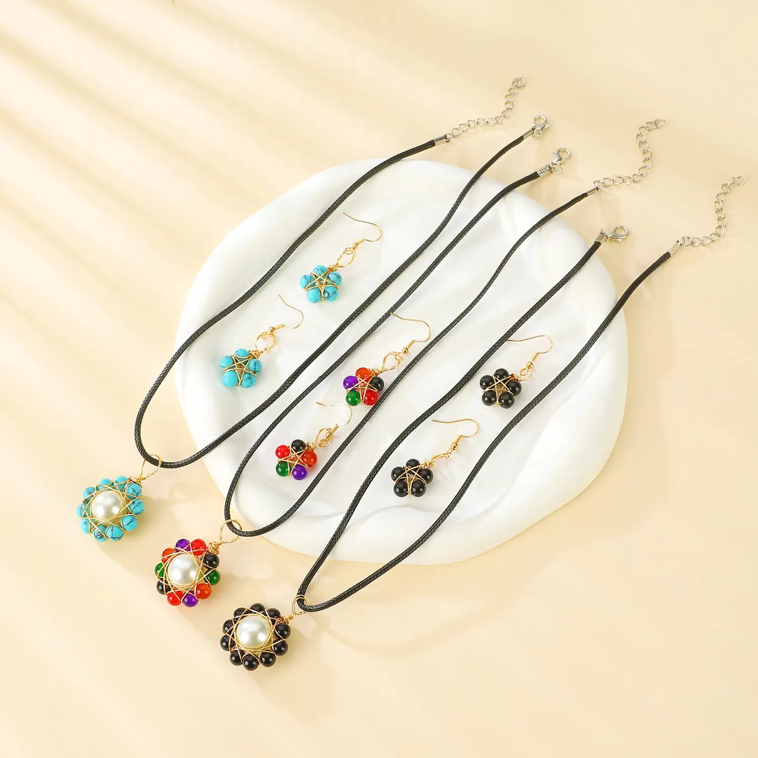 Blue Crystal Pearl Flower Earrings Necklace Set for Women — feature 7