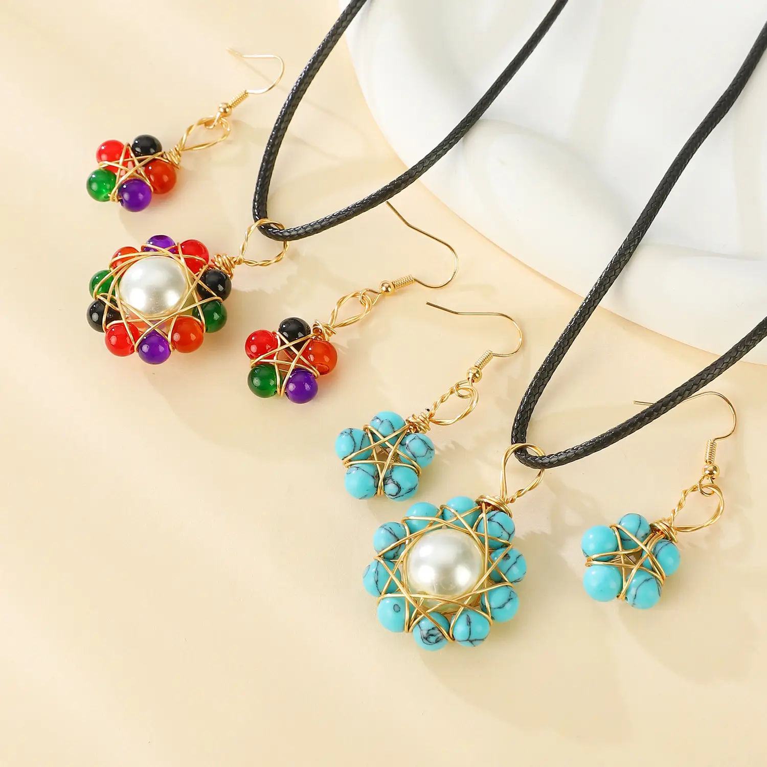 Blue Crystal Pearl Flower Earrings Necklace Set for Women — feature 8