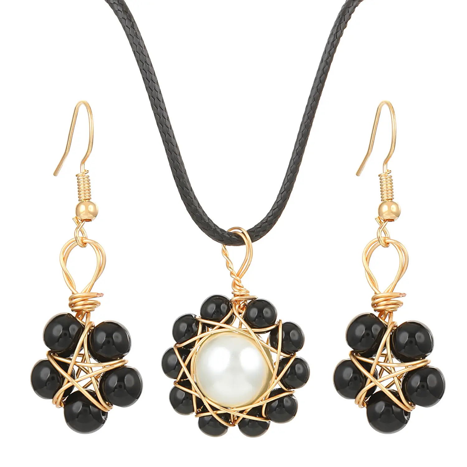 Blue Crystal Pearl Flower Earrings Necklace Set for Women
