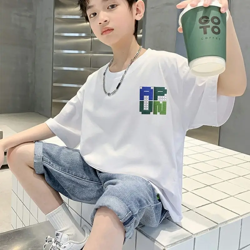 Kids Cotton T-Shirt White Summer Boys Medium - Image 7