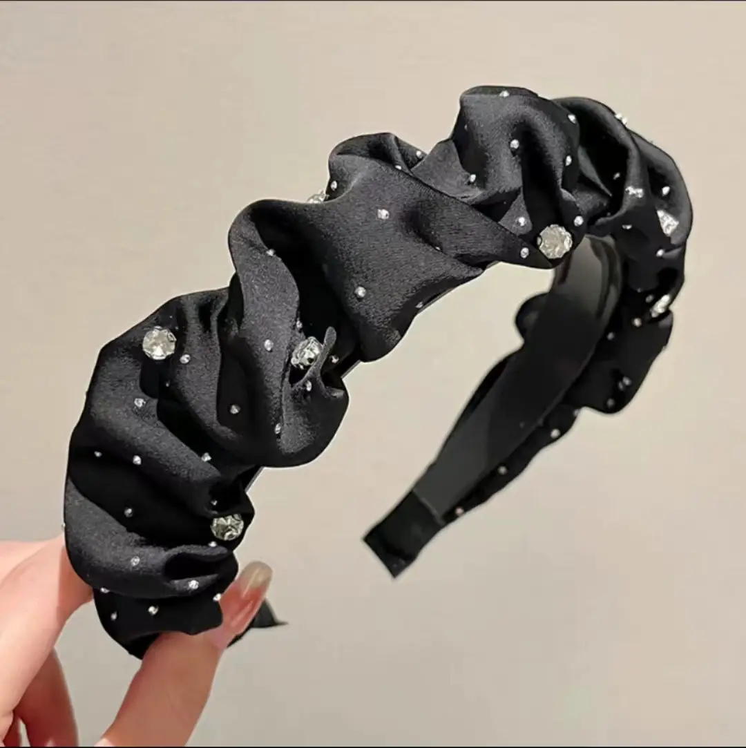 Black Rhinestone Folded Hairband for Women