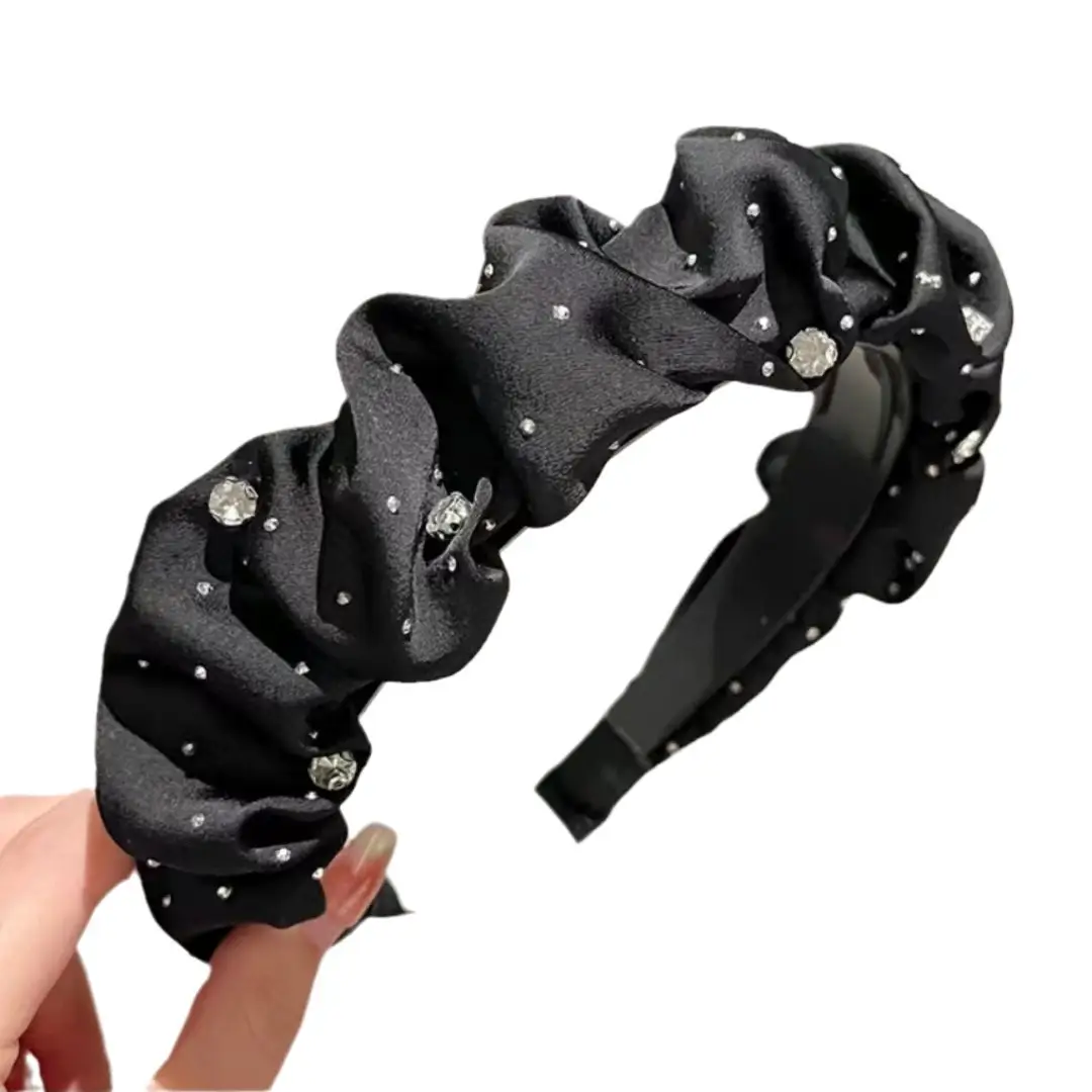 Black Rhinestone Folded Hairband for Women