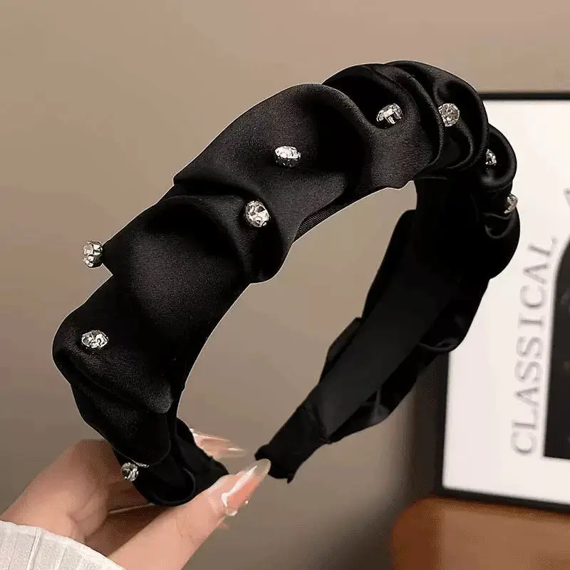 Black Rhinestone Folded Hairband for Women
