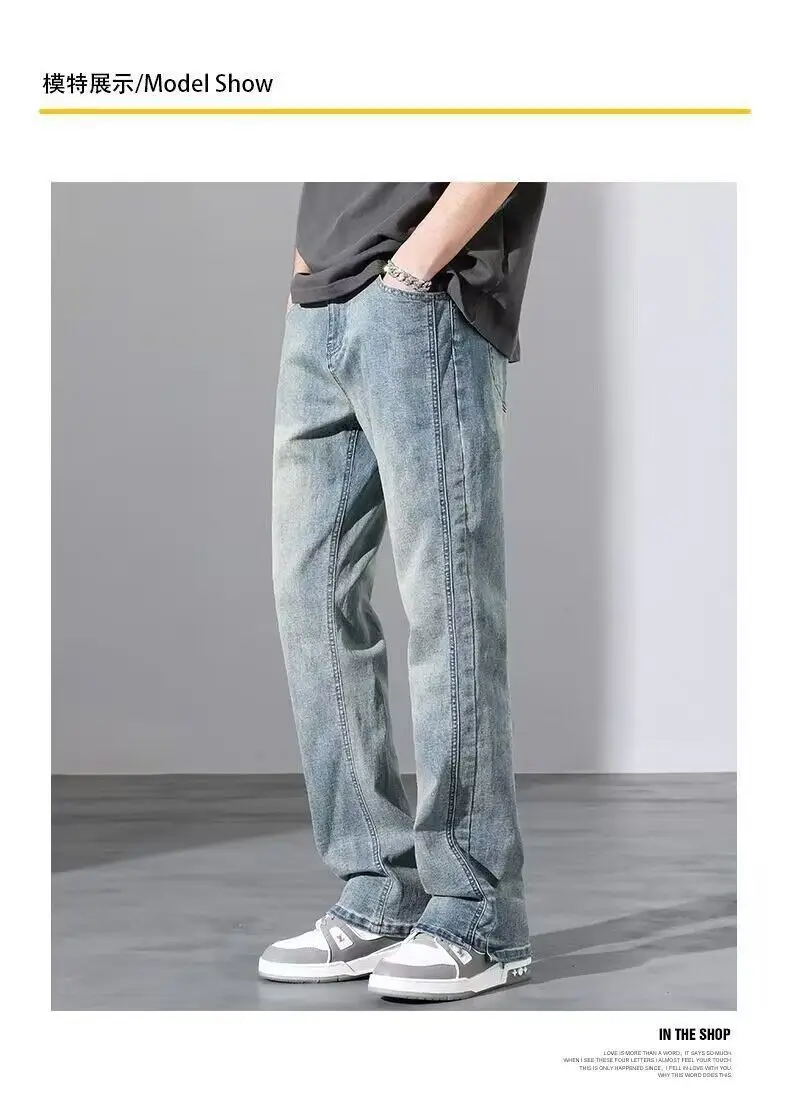 Men's Washed Vintage Blue Jeans Straight Long Pants — feature 6