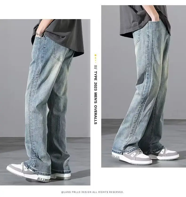 Men's Washed Vintage Blue Jeans Straight Long Pants — feature 7