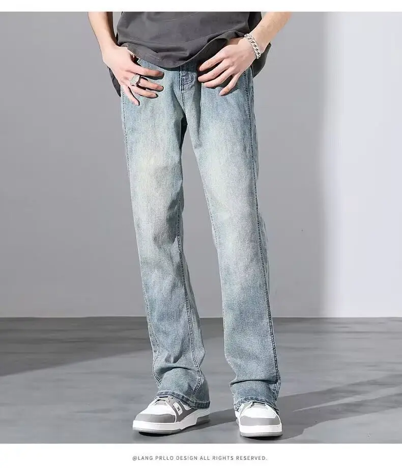 Men's Washed Vintage Blue Jeans Straight Long Pants — feature 9
