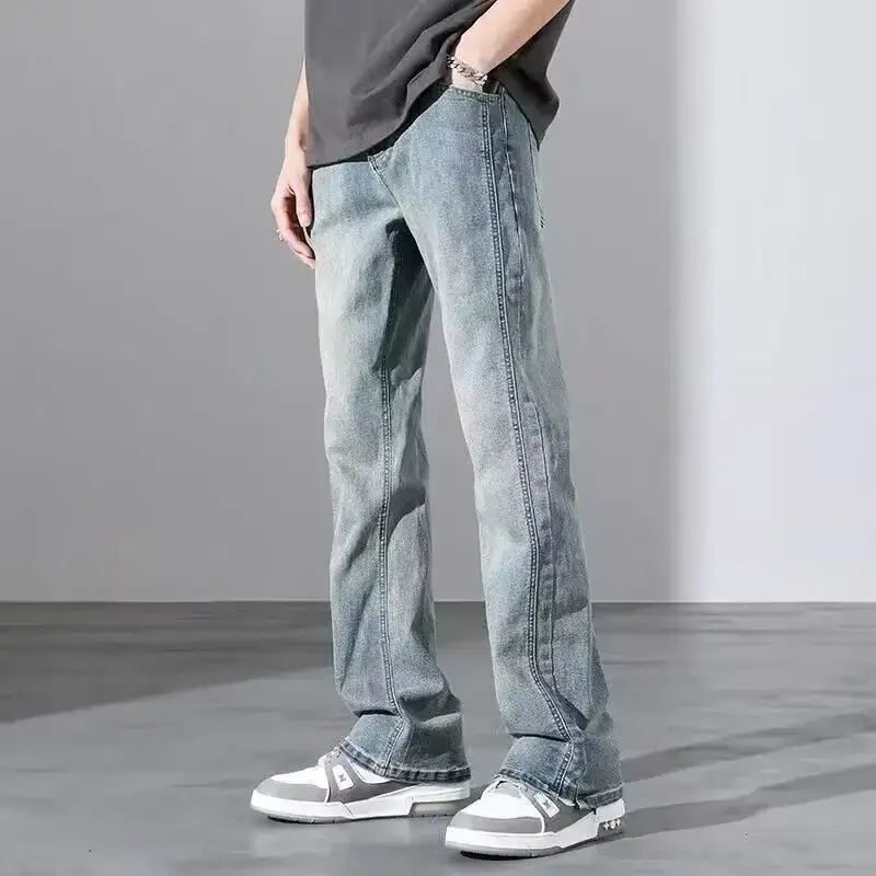 Men's Washed Vintage Blue Jeans Straight Long Pants - Image 2