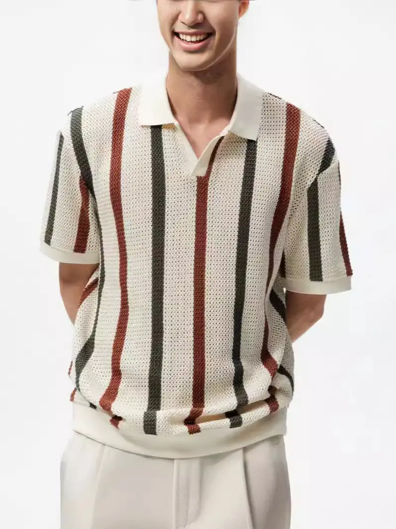 Men's Vertical Striped Polo Shirt with Long Sleeve
