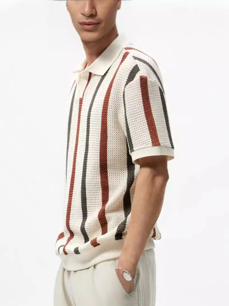 Men's Vertical Striped Polo Shirt with Long Sleeve