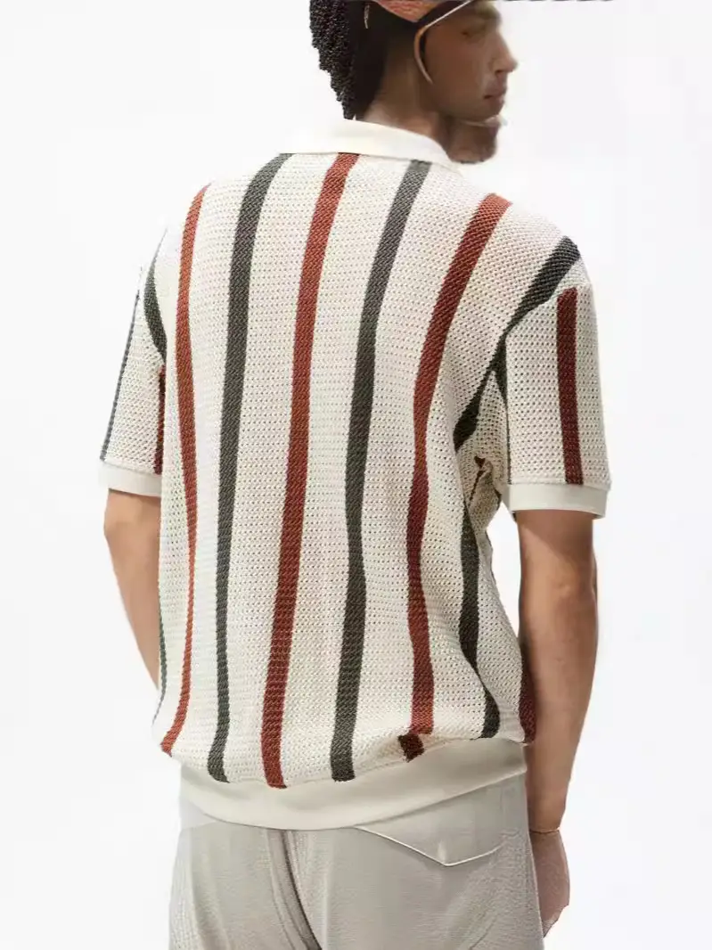 Men's Vertical Striped Polo Shirt with Long Sleeve