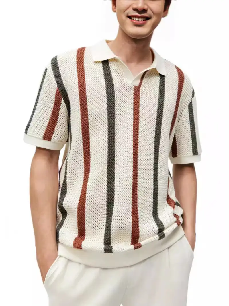 Men's Vertical Striped Polo Shirt with Long Sleeve