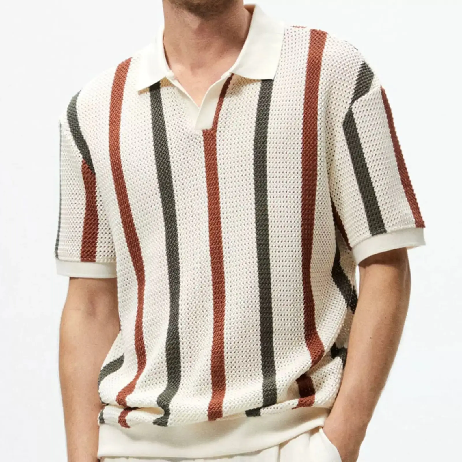 Men's Vertical Striped Polo Shirt with Long Sleeve — feature 4