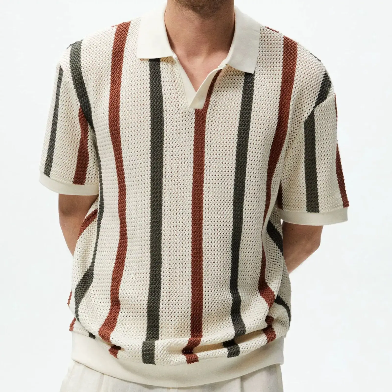 Men's Vertical Striped Polo Shirt with Long Sleeve — feature 5