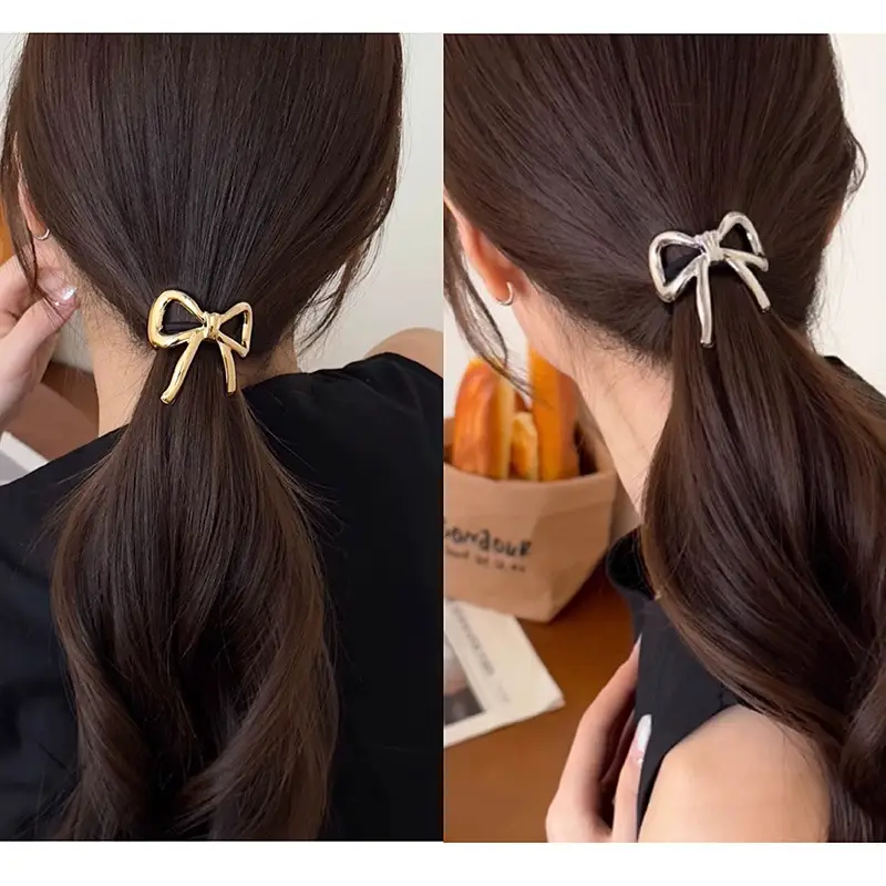 French Style Bow Hair Ring Gold High Elastic Low Ponytail — feature 2