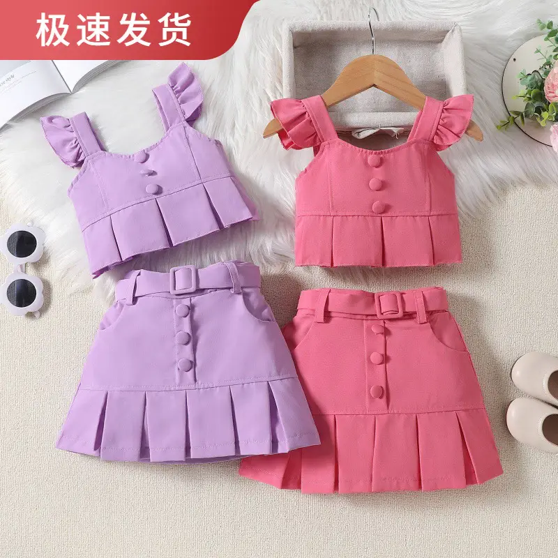 Pink Flying Sleeve Top & Pleated Skirt Set for Girls - Image 3