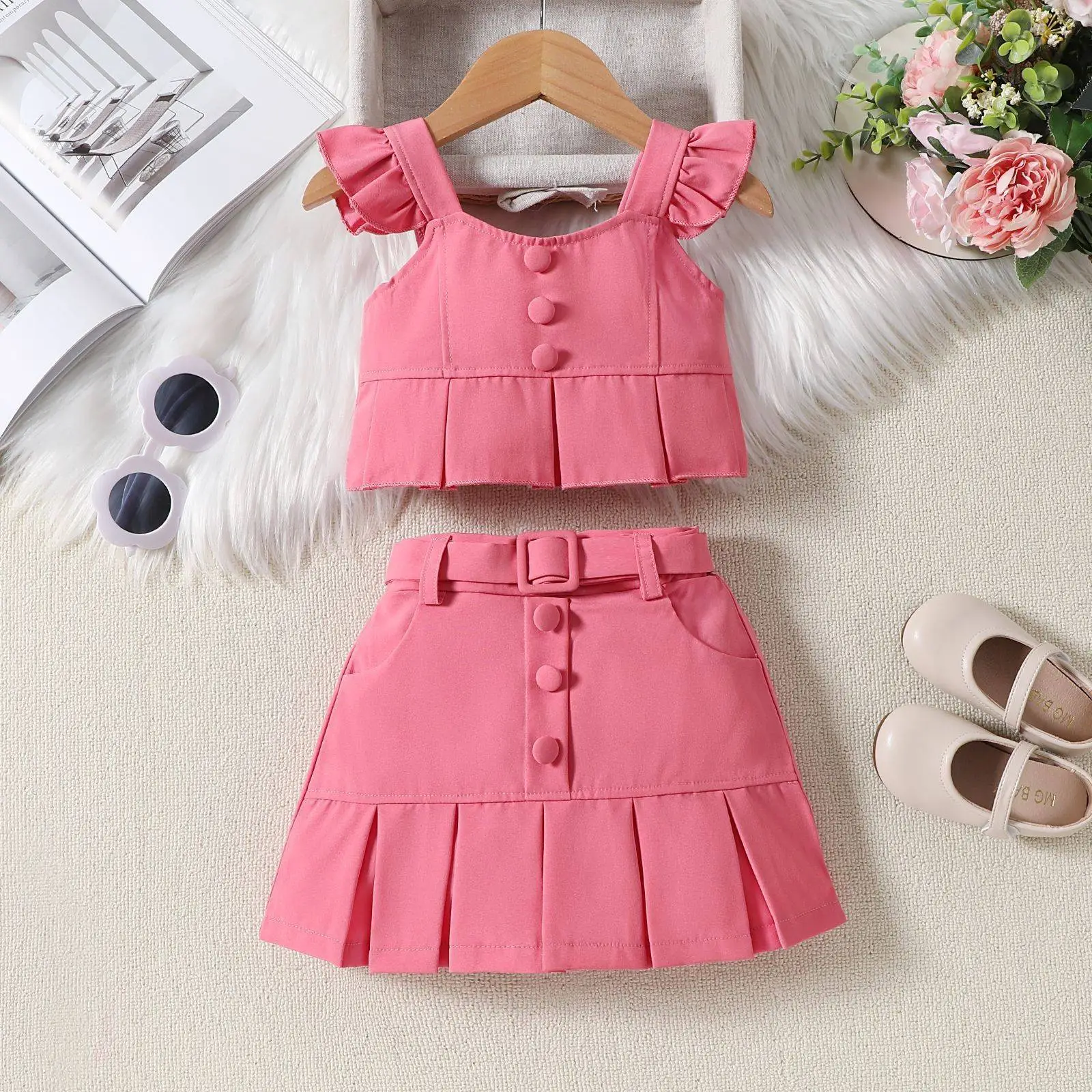 Pink Flying Sleeve Top & Pleated Skirt Set for Girls - Image 2