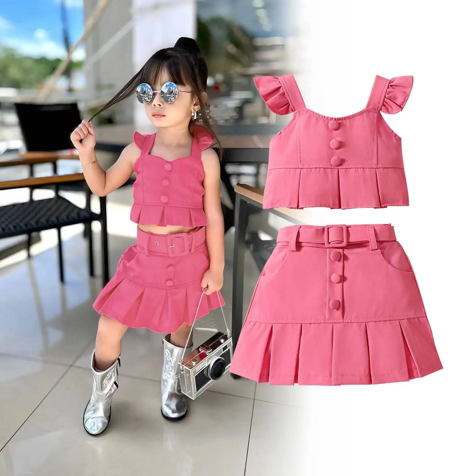 Pink Flying Sleeve Top & Pleated Skirt Set for Girls - Image 4