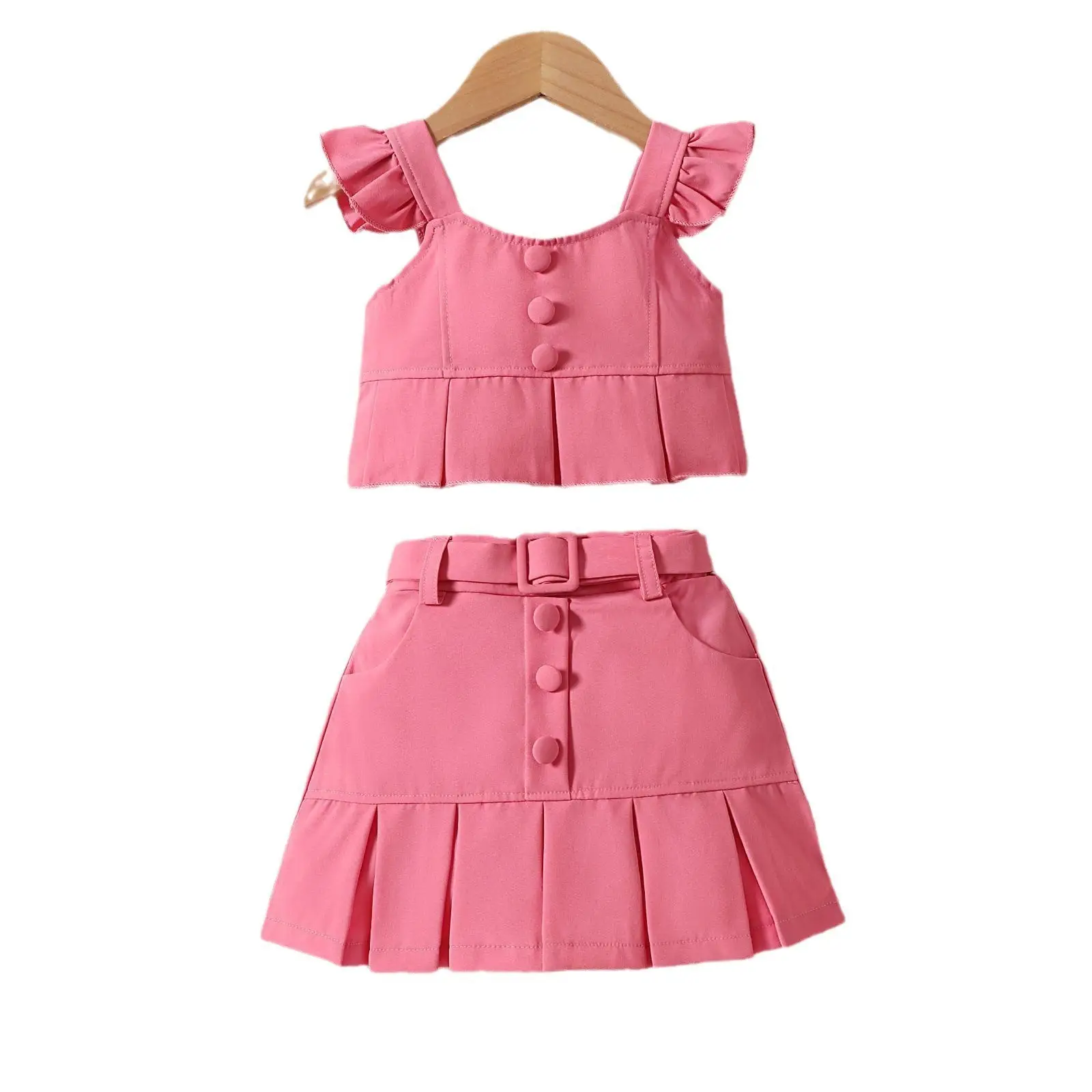 Pink Flying Sleeve Top & Pleated Skirt Set for Girls - Image 5