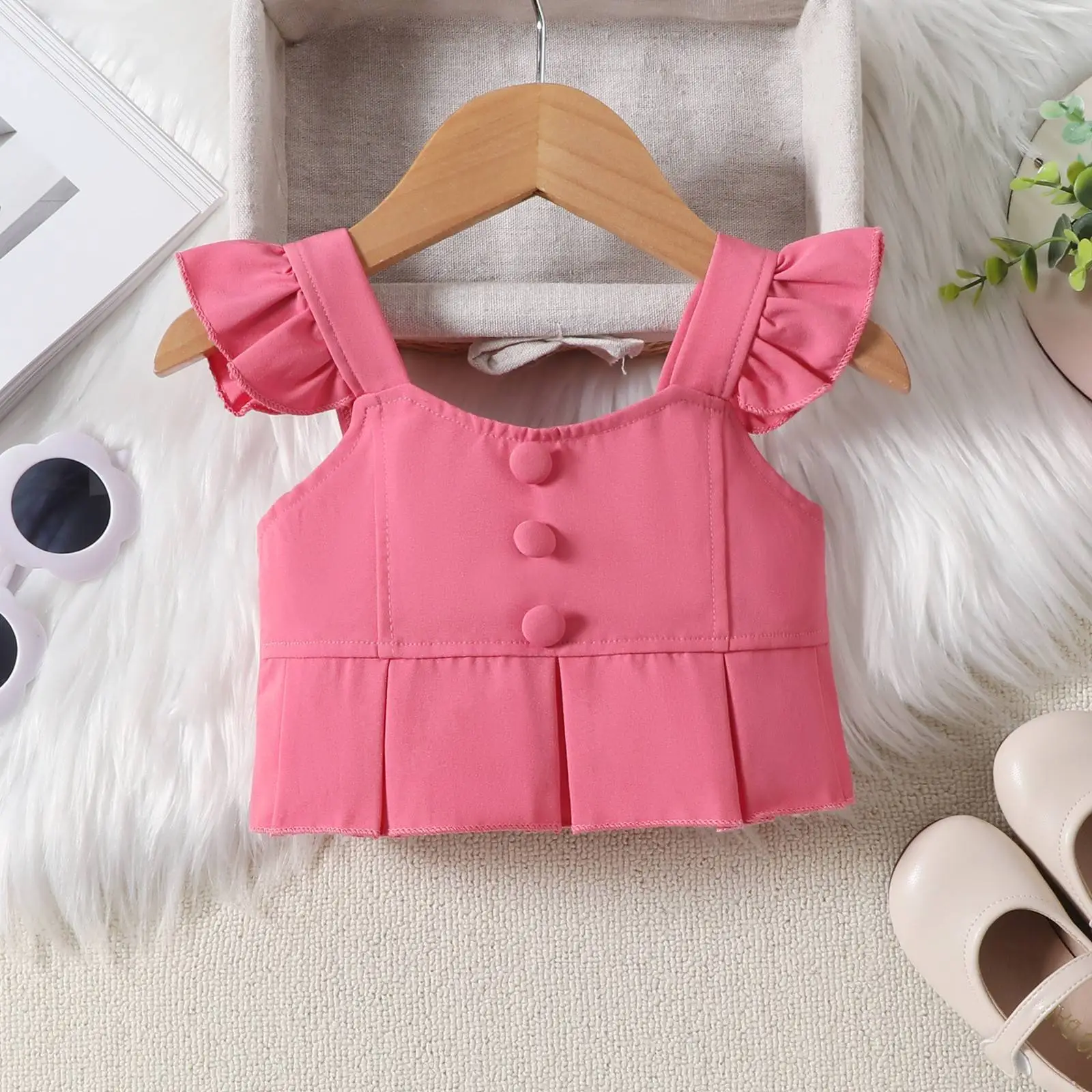 Pink Flying Sleeve Top & Pleated Skirt Set for Girls — feature 11