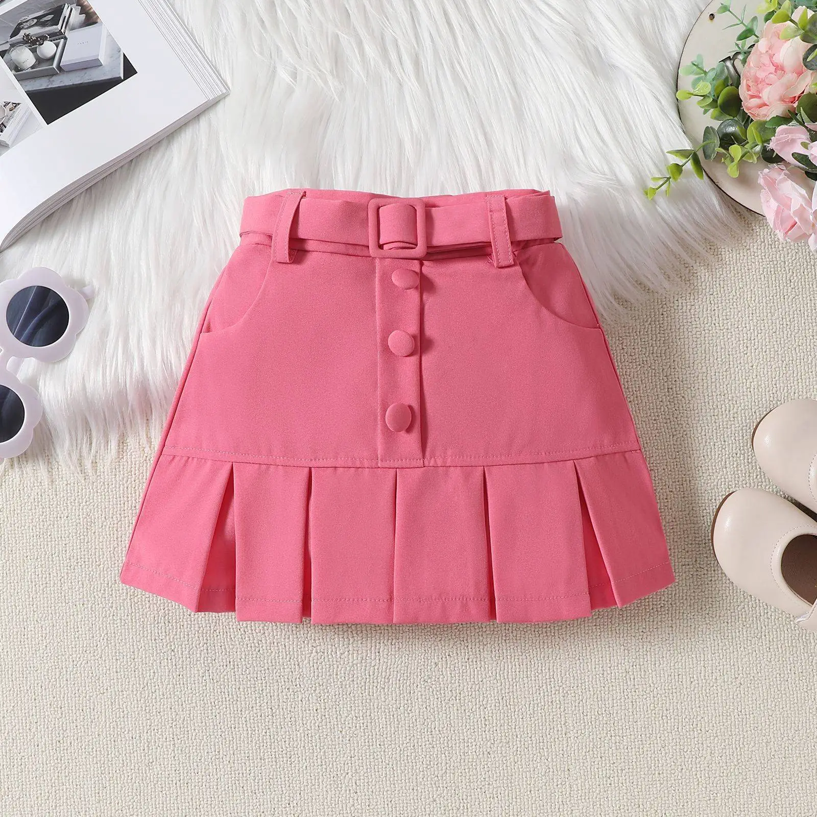 Pink Flying Sleeve Top & Pleated Skirt Set for Girls — feature 14