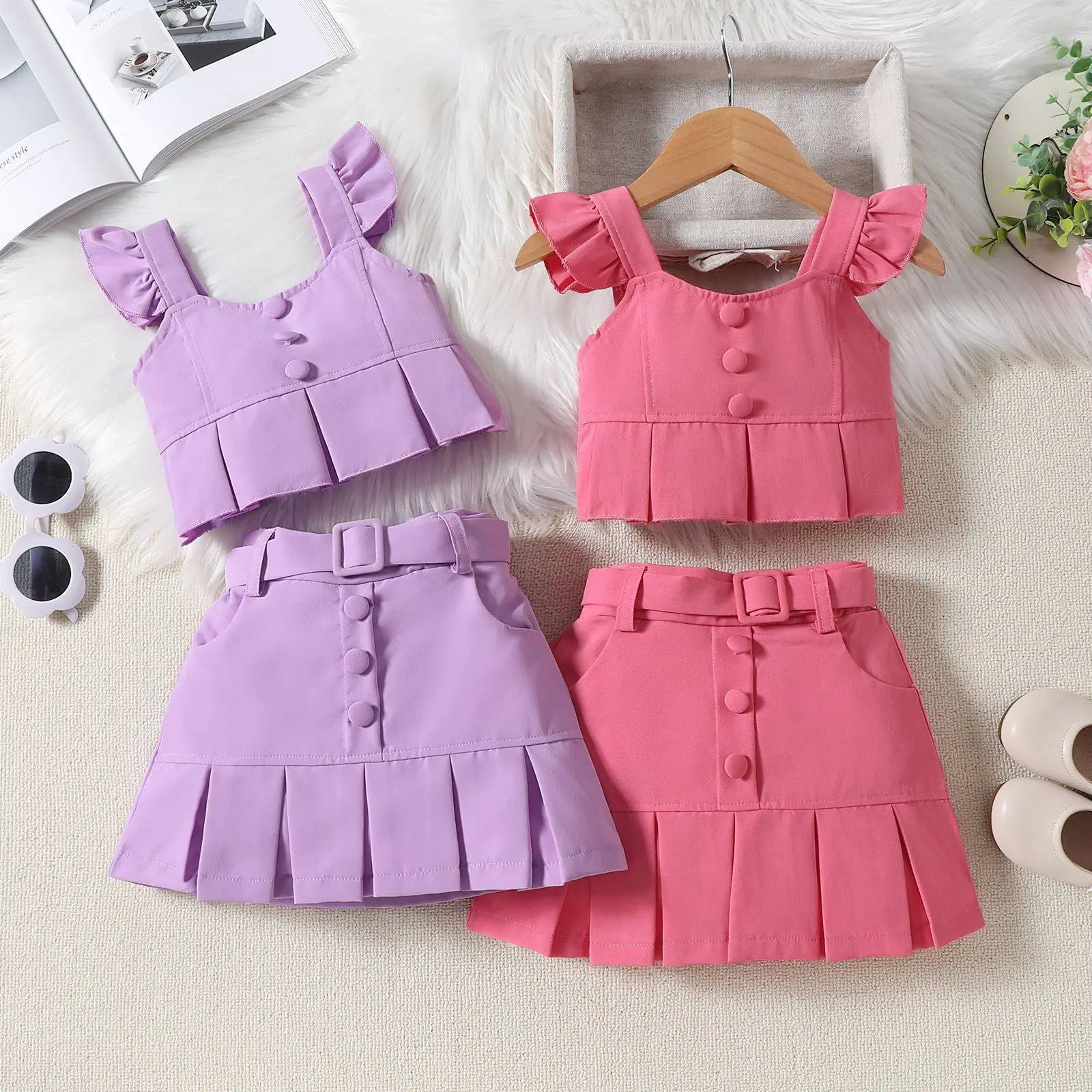 Pink Flying Sleeve Top & Pleated Skirt Set for Girls — feature 3