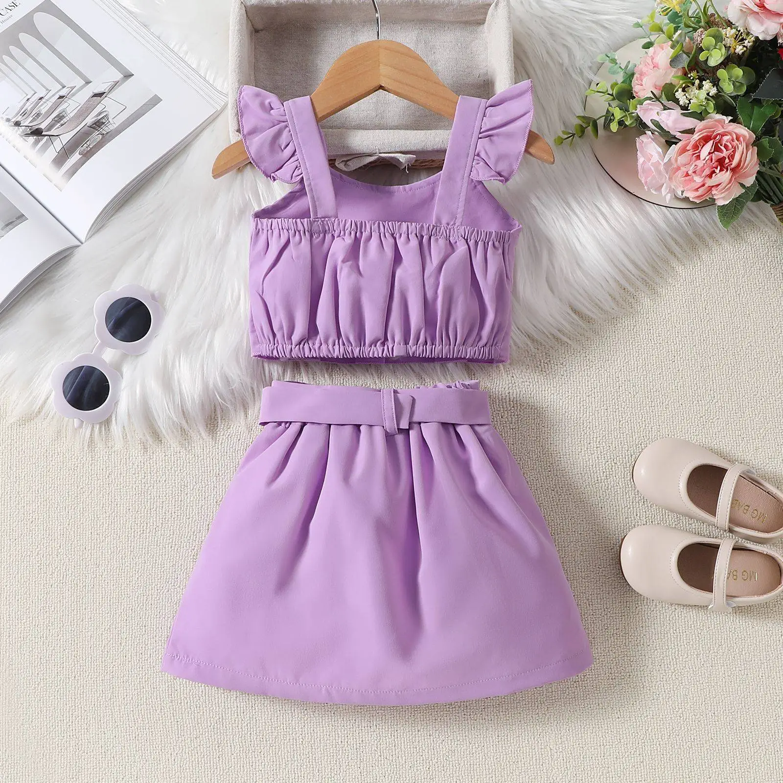 Pink Flying Sleeve Top & Pleated Skirt Set for Girls — feature 5