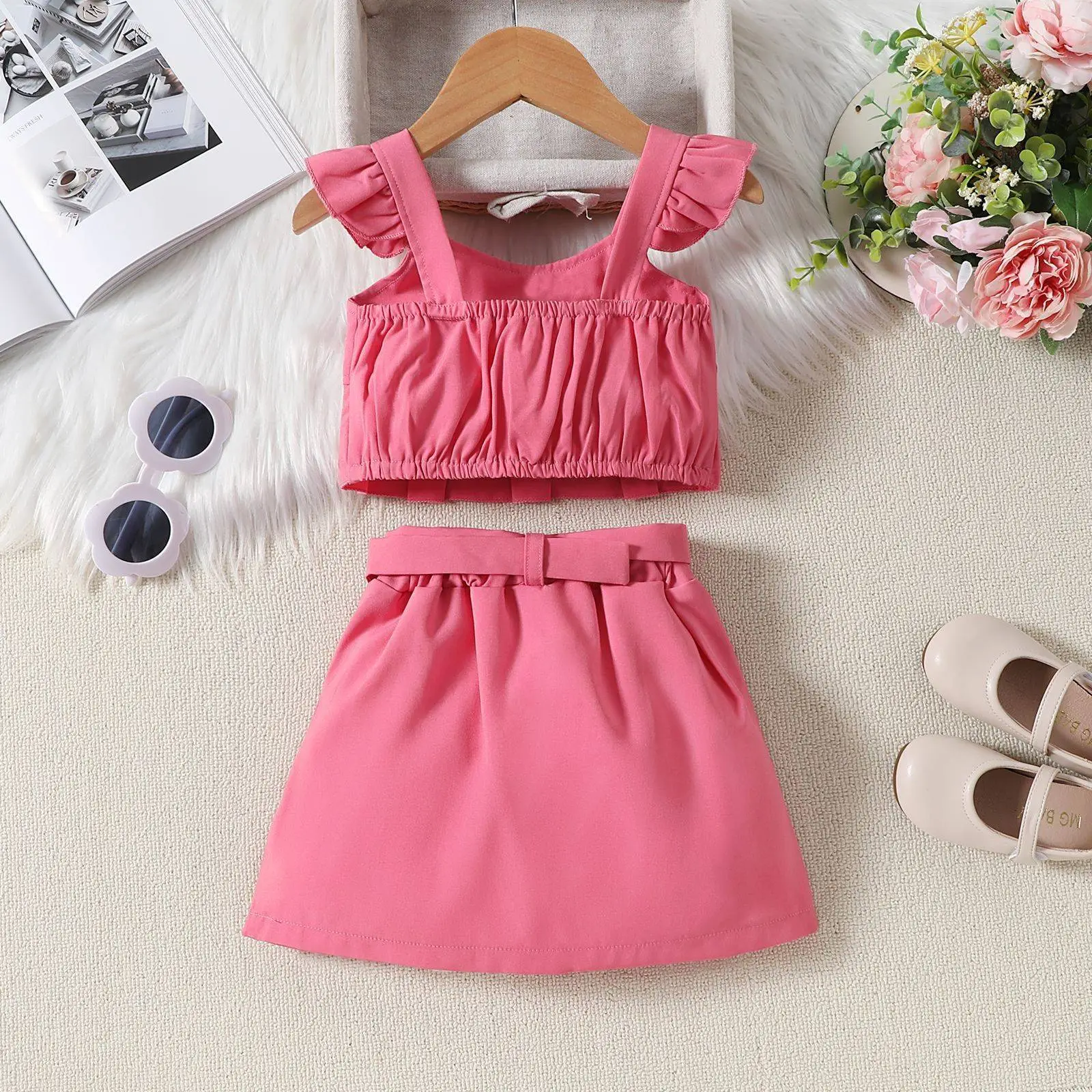 Pink Flying Sleeve Top & Pleated Skirt Set for Girls — feature 7