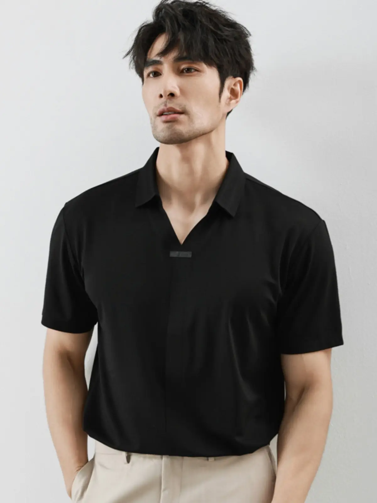 Men Black V-Neck Polo Shirt Summer Wear - Image 4