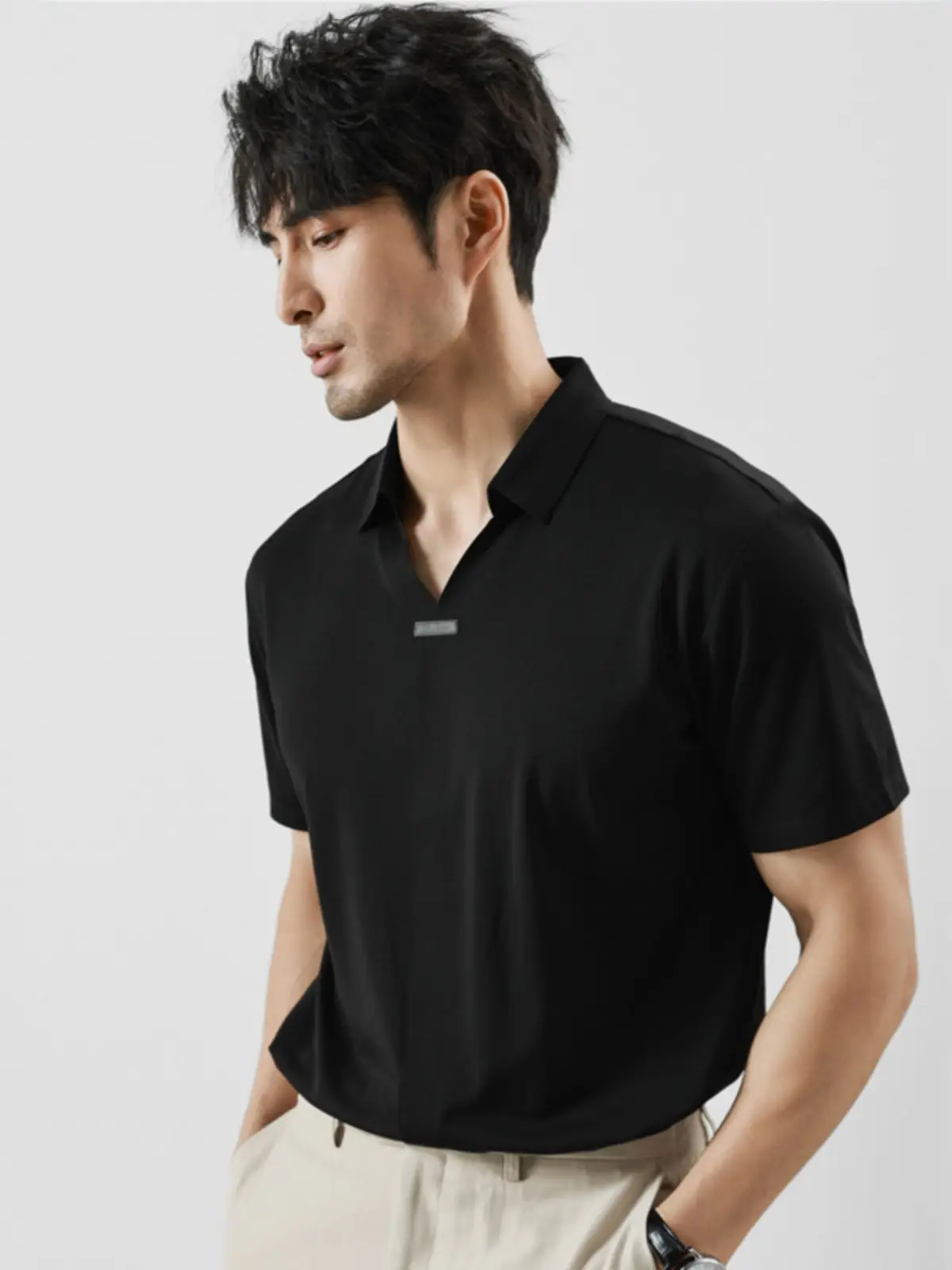 Men Black V-Neck Polo Shirt Summer Wear - Image 5