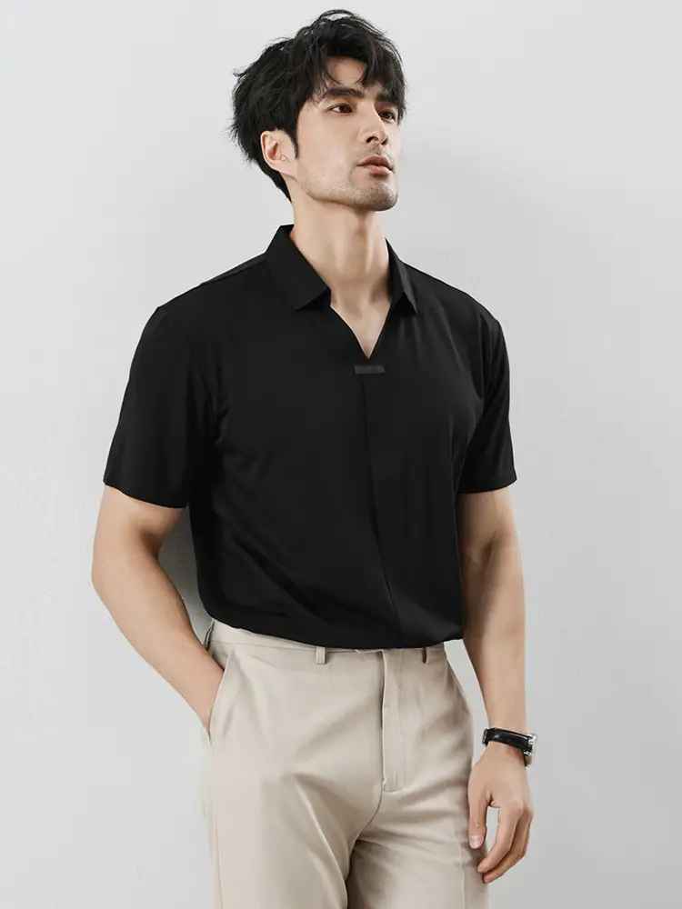 Men Black V-Neck Polo Shirt Summer Wear - Image 6