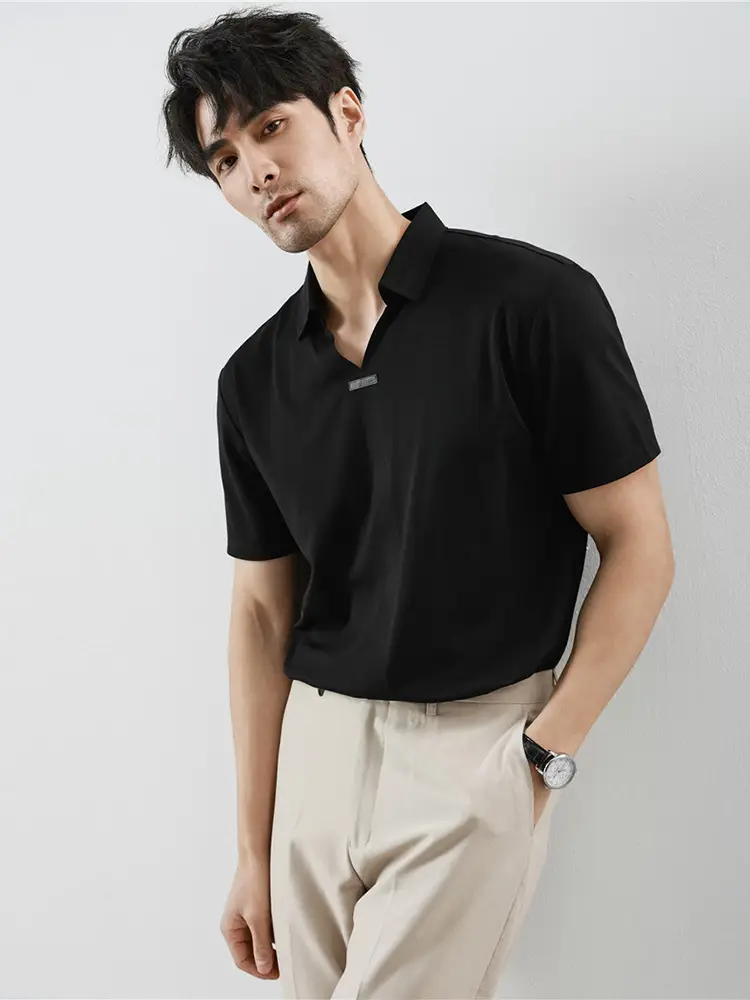 Men Black V-Neck Polo Shirt Summer Wear - Image 7