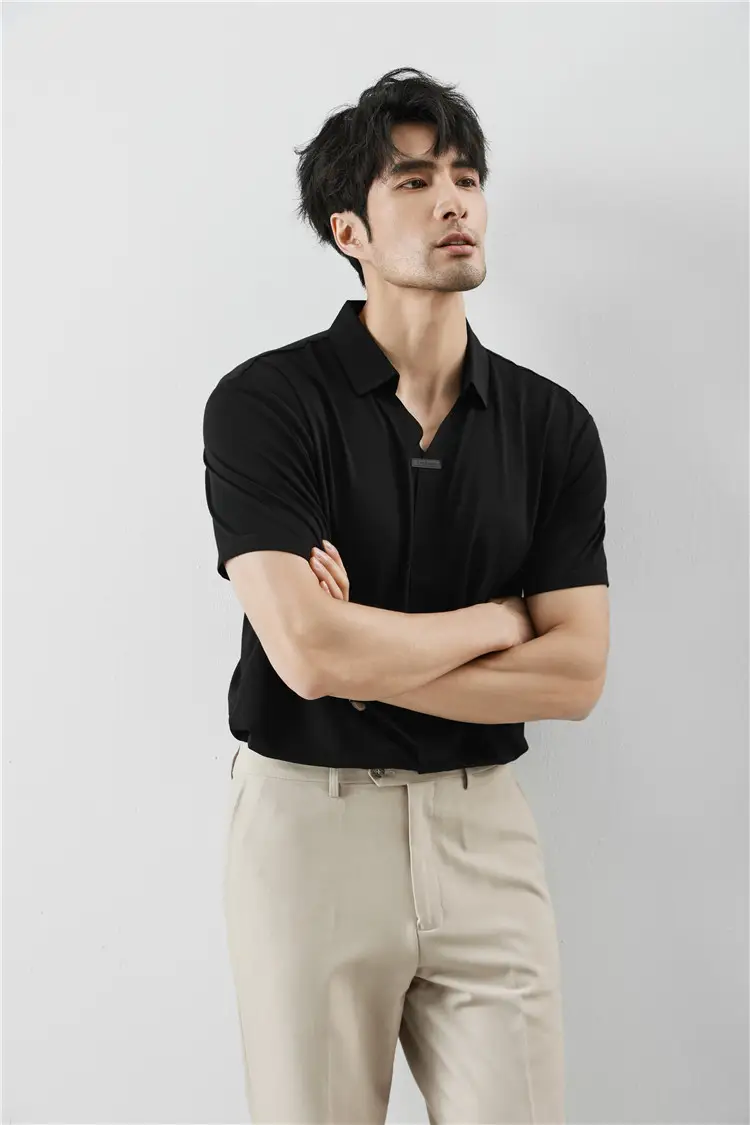 Men Black V-Neck Polo Shirt Summer Wear — feature 6