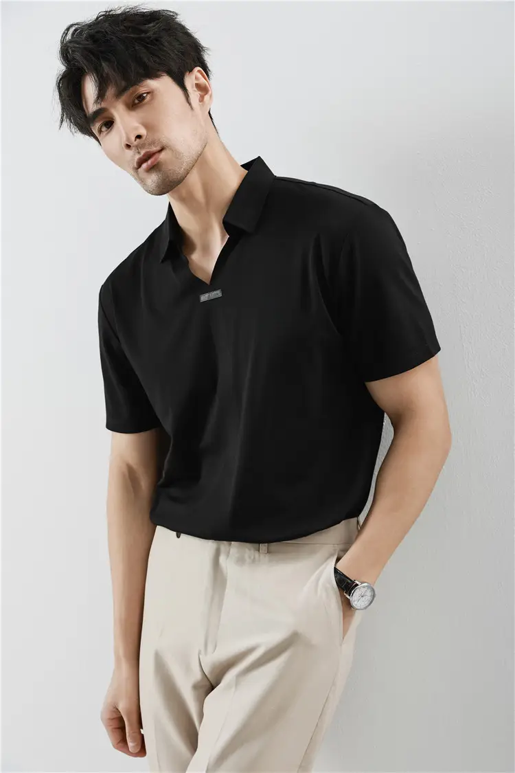 Men Black V-Neck Polo Shirt Summer Wear — feature 7