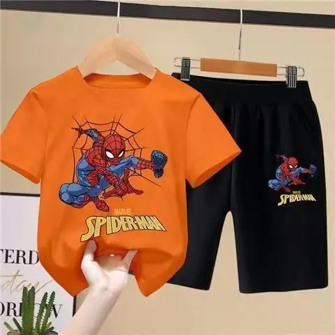 Spider-Man Boys Orange Black Shorts Set Summer - Image 8