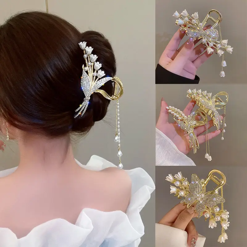 Elegant Pearl Hair Clips with Green Emerald Tassels — feature 2
