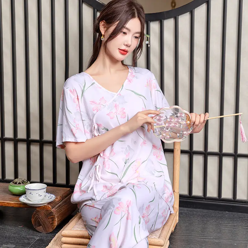 Women Cotton Silk Pajama Set Pink Yellow Summer - Image 3
