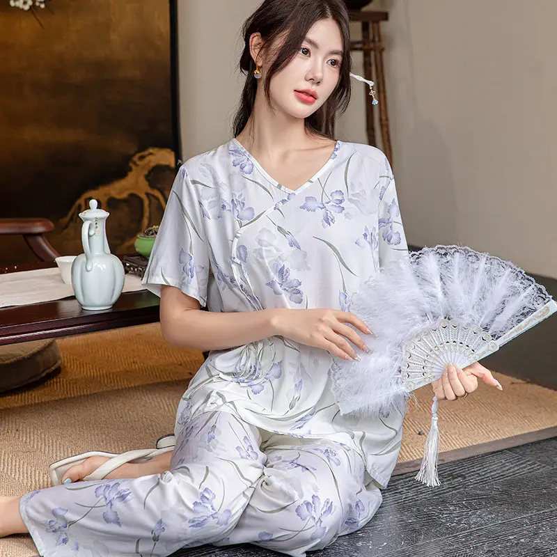 Women Cotton Silk Pajama Set Pink Yellow Summer - Image 4