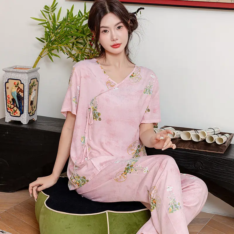 Women Cotton Silk Pajama Set Pink Yellow Summer - Image 2