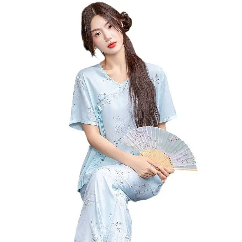Women Cotton Silk Pajama Set Pink Yellow Summer - Image 9