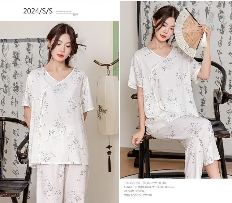 Women Cotton Silk Pajama Set Pink Yellow Summer — feature 10
