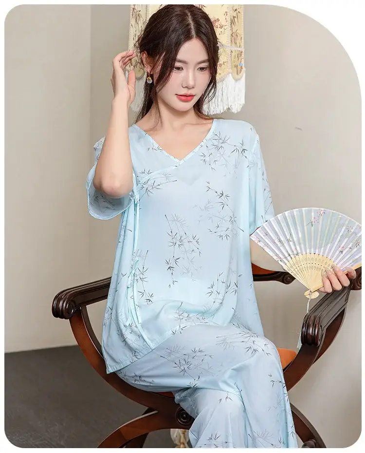 Women Cotton Silk Pajama Set Pink Yellow Summer — feature 11